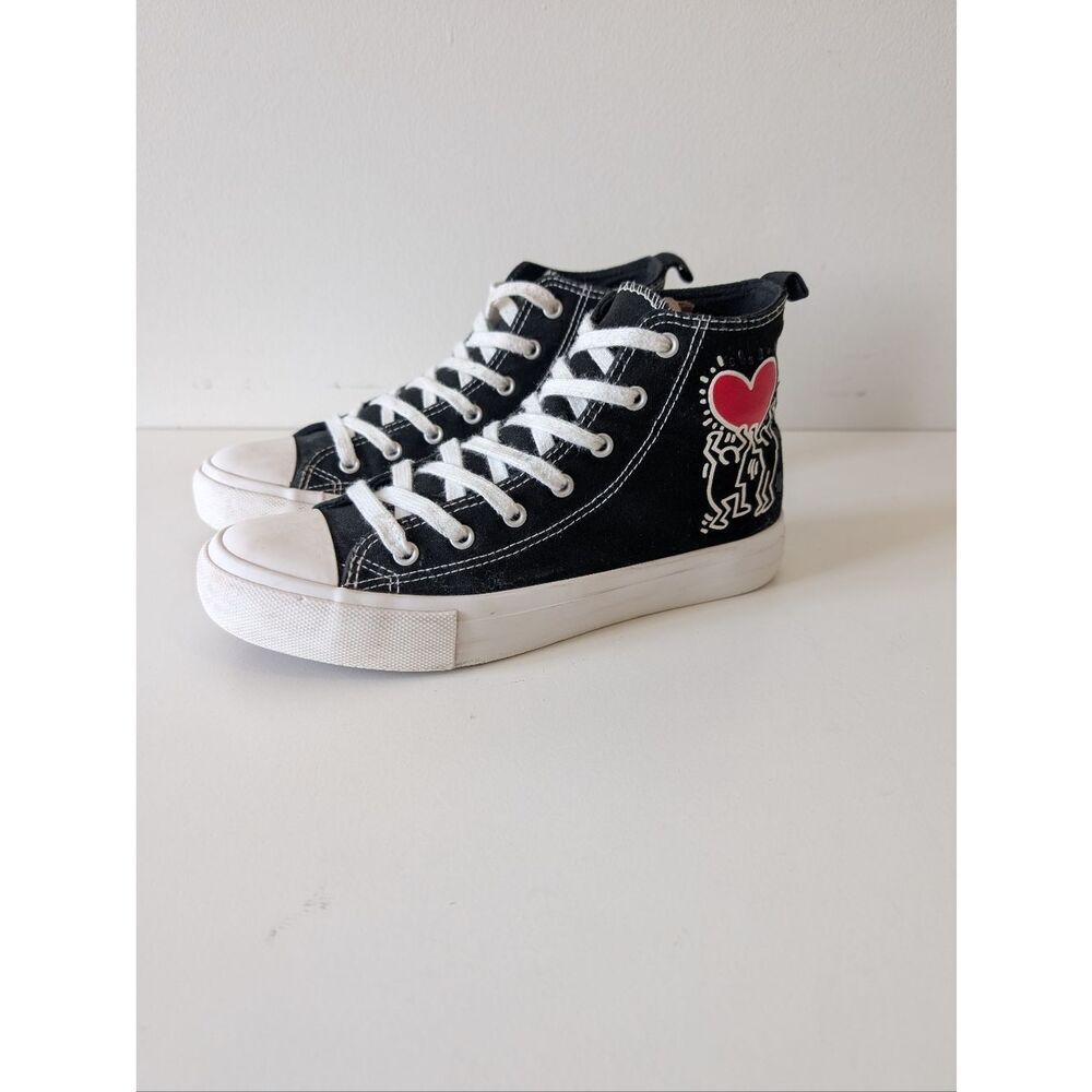 Keith Haring Pop Art High Top Canvas Sneakers Black Heart Women 6